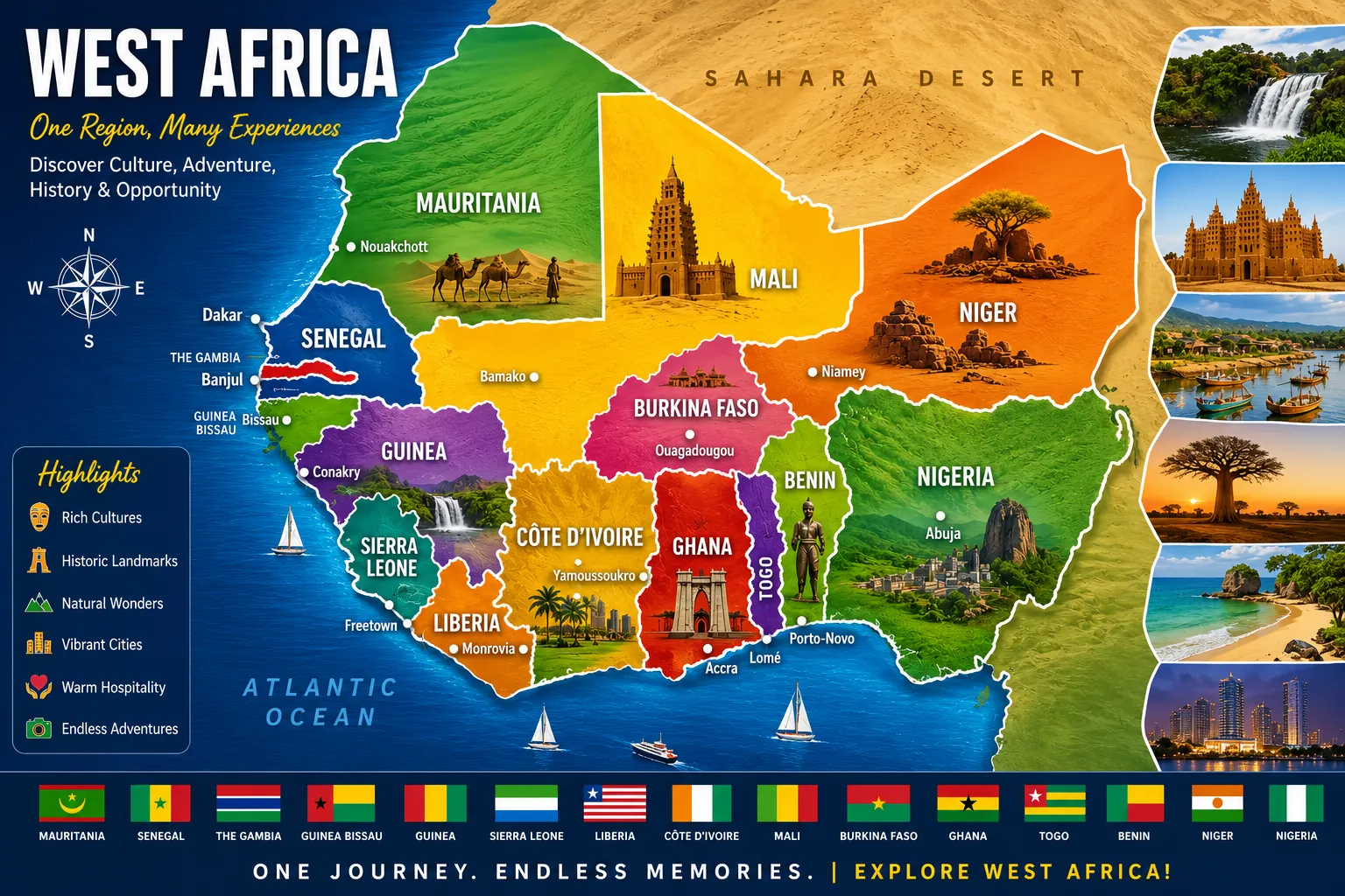 Illustrated map of West Africa highlighting Mauritania, Senegal, The Gambia, Guinea-Bissau, Guinea, Sierra Leone, Liberia, Côte d'Ivoire, Mali, Burkina Faso, Ghana, Togo, Benin, Niger and Nigeria